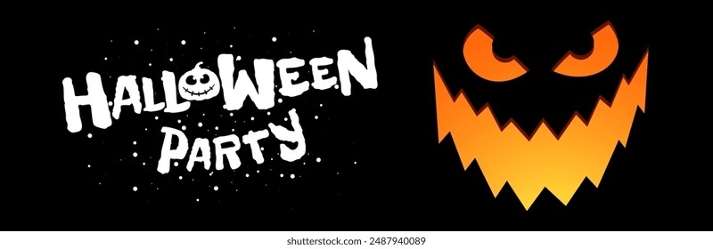 Happy Halloween night party horizontal banner design concept. Lantern Jack pumpkin carved scary smiling face on black background and drawing inscription. Trick or Treat October 31 holiday eps poster