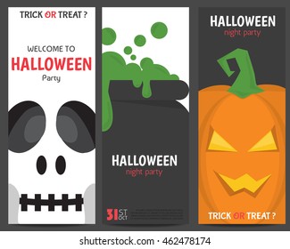 Happy halloween night party invitation card, banner or background. there are pumpkin, witch poision pot and ghost skull. vector illustration