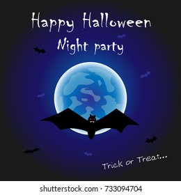 Happy Halloween night party on blue full moon background for poster or card. Vector illustration.