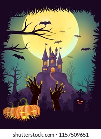 Happy Halloween night party poster design, Zombie hand rising out of the grave in cemetery, graveyards with pumpkins, Creepy castle, Full moon background with tree frame with copy space