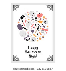 Happy Halloween night party poster. Hand drawn placard. Art cover horror night. October 31 holiday evening. Vector illustration