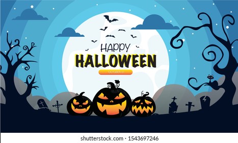 happy halloween night party pumkins tomb blue sky background vector