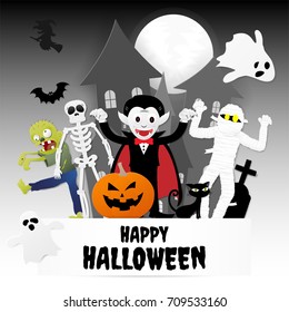 Happy halloween night party. Set of characters in cartoon paper style with pumpkin, ghost, dracula, skeleton, witch, mummy, zombie, black cat, bat and castle, Vector illustration.