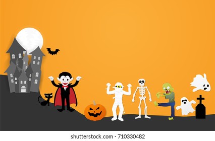 Happy halloween night party. Set of characters in cartoon paper style with pumpkin, ghost, dracula, skeleton, mummy, zombie, black cat, bat and castle, Vector illustration.