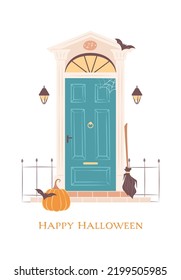 Happy Halloween night party. Vector illustration of house front door decorations with Halloween pumpkin, witch broom, bat, spider web. Design template for greetings card, web banner, invitations