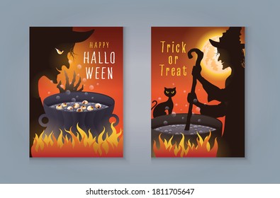 Happy Halloween Night Party, Halloween witch preparing magic potion in cauldron. Old witch with Cat brew a magic potion and full moon Vector for invitation card, banner, Poster. trick or treat.