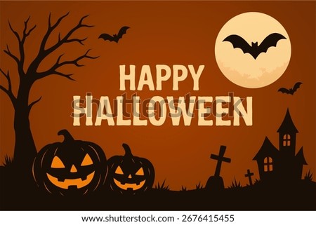 Happy Halloween Night with Pumpkins and Bats Flat Vector Illustration