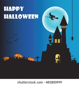 Happy Halloween night with pumpkins and hanging spider on orange background, flat design vector illustration.