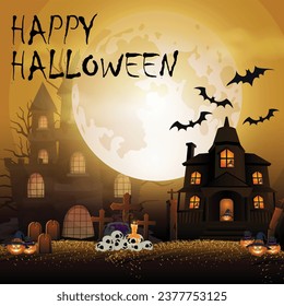 Happy halloween night, Scary homes, scary skulls, cementry, horror pumpkins, bats, yellow and black background with full moon. Social media post template design. EPS
