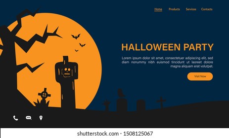 Happy halloween with night scene for landing page. Halloween scene vector illustration background for presentation. Web Page for halloween. Halloween celebrate template design.