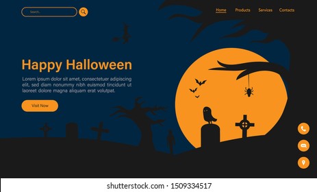 Happy halloween with night scene for landing page. Halloween scene vector illustration background for presentation. Web Page for halloween. Halloween celebrate template design.