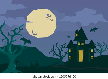 Happy halloween with night scene for landing page. Halloween with witch fly on the sky vector illustration background for presentation. haunted house and full moon. Halloween celebrate template design