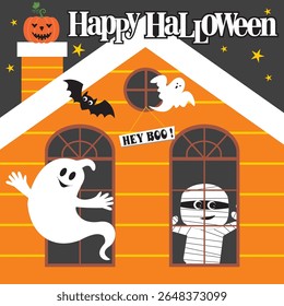 Happy Halloween night scene with spooky house and characters