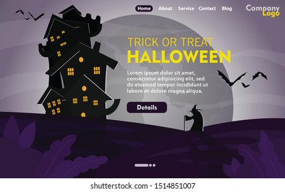 Happy halloween with night scene, witch silhouette and witch house for landing page or banner. Hallowen vector illustration for presentation background. Halloween background template. User Interface.
