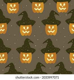 Happy Halloween night seamless pattern with pumpkin on witch hat. Vector illustration