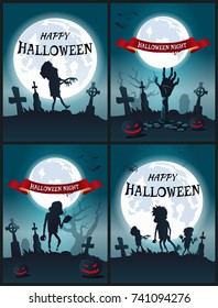 Happy Halloween night set of scary posters with monsters and zombies on dark spooky graveyard. Vector illustration illuminated by moonlight