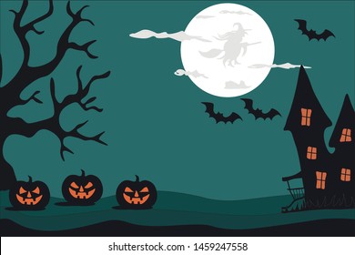 Happy Halloween. Night, silhouette of a witch on the moon. On a dark green background a gloomy house, a tree and pumpkins. Background. Invitation. Postcard.