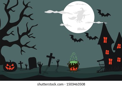 Happy Halloween.  Night, silhouette of a witch on the moon.  On a dark green background, a gloomy haunted house, a tree, a pumpkin, graves, a pot with a potion, bats. Background. Invitation. Postcard.