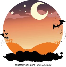 Happy Halloween. Night sky background with moon, scary trees, bats. Circle banner for greeting card. Orange purple theme color. Hand drawing. Vector BG. 