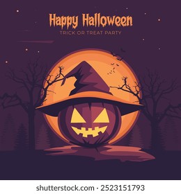 Happy Halloween night spooky background with pumpkins ghost and flying bats. October 31 holiday evening promotional artwork. Halloween vector art.