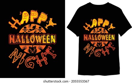Happy Halloween night stylist custom t-shirt design with witches, spooky, pumpkin, hand, silhouette, typography, vector illustration, swatches color.