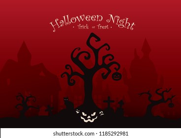 Happy Halloween night text with spooky red night  and dead tree, pumpkin, grave, cat, haunted house illustration for banner, poster, greeting card, party invitation, background and wallpaper.