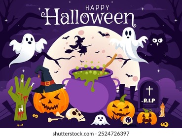 Feliz noite de Halloween Vetor ilustração com abóboras no luar, fantasmas, e outros elementos assustadores em um plano de fundo de desenhos animados