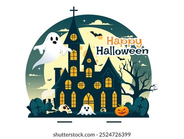 Feliz noite de Halloween Vetor ilustração com abóboras no luar, fantasmas, e outros elementos assustadores em um plano de fundo de desenhos animados