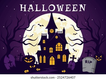 Feliz noite de Halloween Vetor ilustração com abóboras no luar, fantasmas, e outros elementos assustadores em um plano de fundo de desenhos animados