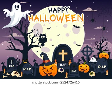 Feliz noite de Halloween Vetor ilustração com abóboras no luar, fantasmas, e outros elementos assustadores em um plano de fundo de desenhos animados