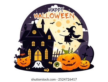 Feliz noite de Halloween Vetor ilustração com abóboras no luar, fantasmas, e outros elementos assustadores em um plano de fundo de desenhos animados