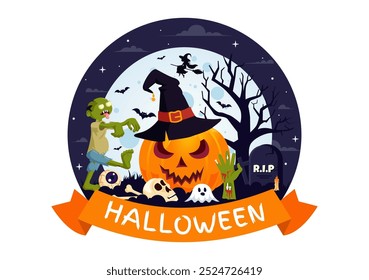 Feliz noite de Halloween Vetor ilustração com abóboras no luar, fantasmas, e outros elementos assustadores em um plano de fundo de desenhos animados