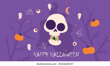 Happy halloween night vector Illustration or banner for party invitation background. Orange, blue, and violet colors with ghost, pumpkins, bat, skull, eyes, tree branches and other elements.