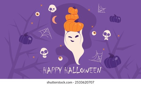 Feliz vetor da noite de Halloween Ilustração ou banner para fundo do convite da festa. Cor laranja, azul e violeta com fantasma, abóboras, morcego, crânio, olhos, galhos de árvores e outros elementos.