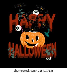 Happy halloween in the night with,moon,bats,horror typo,trees,pumpkin,eyes,hats Vector illustration . Trick or treat on black background