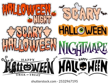 Happy Halloween Nightmare Text Sets, Scary Typography Design, Spooky Halloween Lettering, Halloween Party Decor, Frightening Text Elements