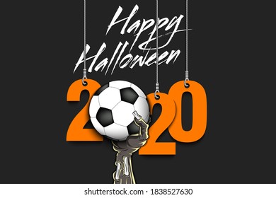 Happy Halloween. Numbers 2020 year hanging on strings and zombie hand is holding a soccer ball.  Pattern for banner, poster, greeting card, flyer, party invitation. Vector illustration