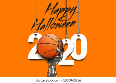 Happy Halloween. Numbers 2020 year hanging on strings and zombie hand is holding a basketball ball.  Pattern for banner, poster, greeting card, flyer, party invitation. Vector illustration