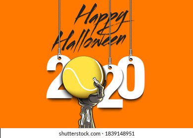 Happy Halloween. Numbers 2020 year hanging on strings and zombie hand is holding a tennis ball.  Pattern for banner, poster, greeting card, flyer, party invitation. Vector illustration