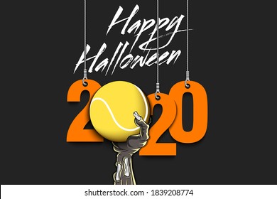 Happy Halloween. Numbers 2020 year hanging on strings and zombie hand is holding a tennis ball.  Pattern for banner, poster, greeting card, flyer, party invitation. Vector illustration
