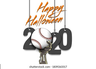 Happy Halloween. Numbers 2020 year hanging on strings and zombie hand is holding a baseball ball.  Pattern for banner, poster, greeting card, flyer, party invitation. Vector illustration