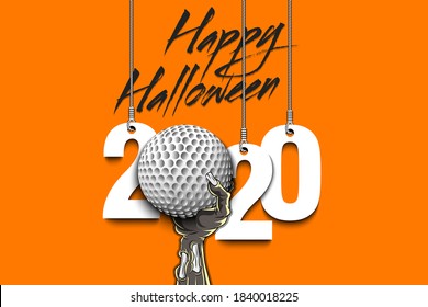 Happy Halloween. Numbers 2020 year hanging on strings and zombie hand is holding a golf ball.  Pattern for banner, poster, greeting card, flyer, party invitation. Vector illustration