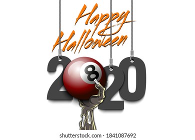 Happy Halloween. Numbers 2020 year hanging on strings and zombie hand is holding a billiard ball.  Pattern for banner, poster, greeting card, flyer, party invitation. Vector illustration