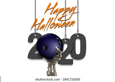 Happy Halloween. Numbers 2020 year hanging on strings and zombie hand is holding a bowling ball.  Pattern for banner, poster, greeting card, flyer, party invitation. Vector illustration