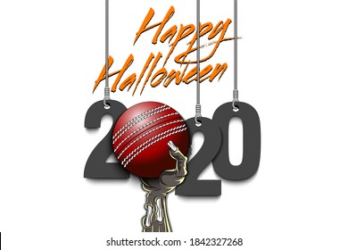 Happy Halloween. Numbers 2020 year hanging on strings and zombie hand is holding a cricket ball.  Pattern for banner, poster, greeting card, flyer, party invitation. Vector illustration