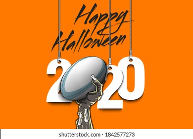 Happy Halloween. Numbers 2020 year hanging on strings and zombie hand is holding a rugby ball.  Pattern for banner, poster, greeting card, flyer, party invitation. Vector illustration
