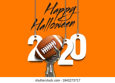 Happy Halloween. Numbers 2020 year hanging on strings and zombie hand is holding a football ball.  Pattern for banner, poster, greeting card, flyer, party invitation. Vector illustration