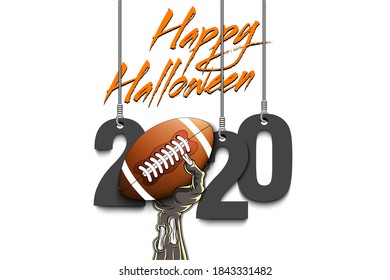 Happy Halloween. Numbers 2020 year hanging on strings and zombie hand is holding a football ball.  Pattern for banner, poster, greeting card, flyer, party invitation. Vector illustration