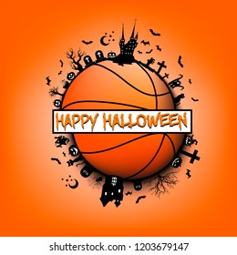 Happy halloween. Objects and elements of Halloween on the background of a basketball ball. Design pattern for banner, poster, greeting card, flyer, party invitation. Vector illustration
