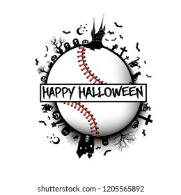 Happy halloween. Objects and elements of Halloween on the background of a baseball ball. Design pattern for banner, poster, greeting card, flyer, party invitation. Vector illustration